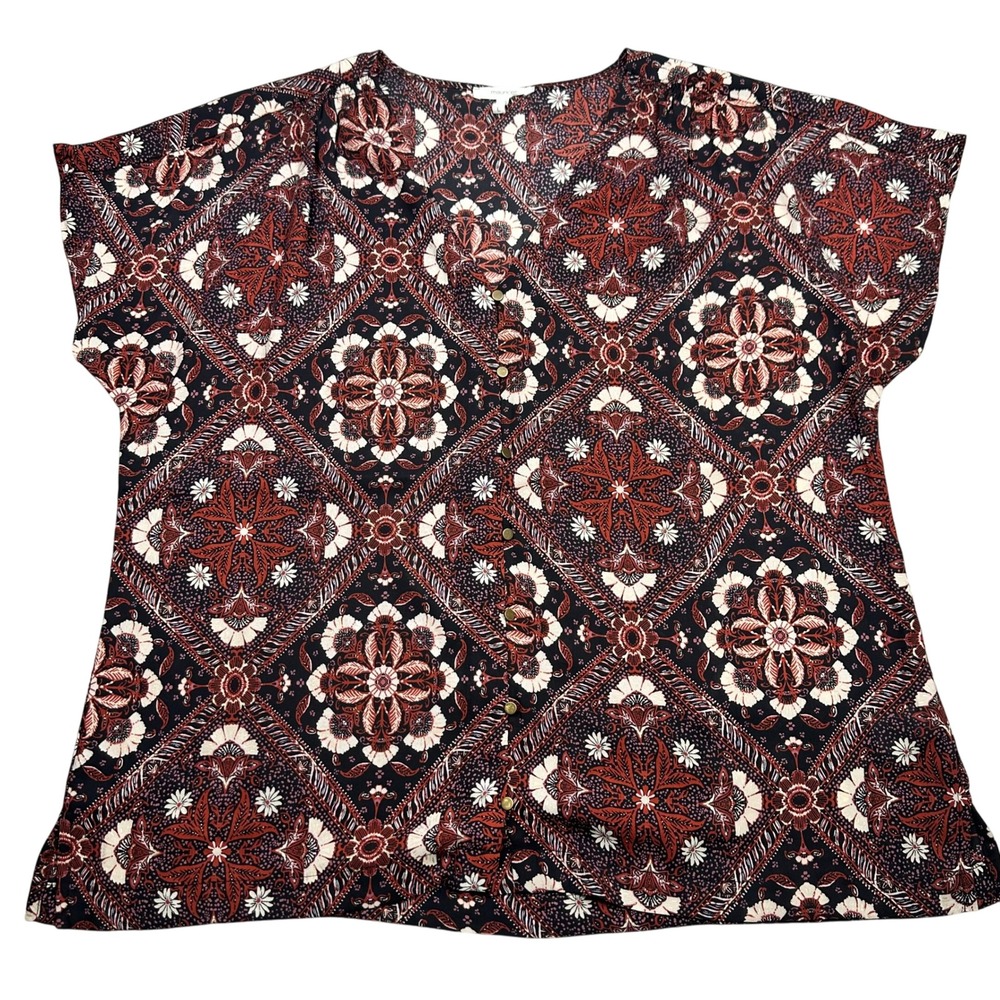 maurices Womens Size L Blouse Top Short Sleeve Button Front Boho Floral Print